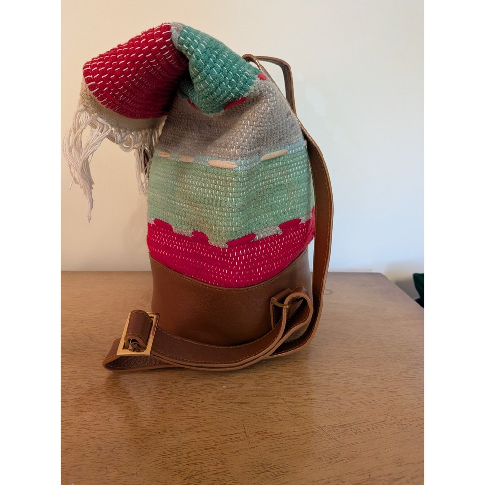 Boho Woven Textile Leather Bucket Backpack Fringe Multi-Color Striped Purse - Picture 2 of 14